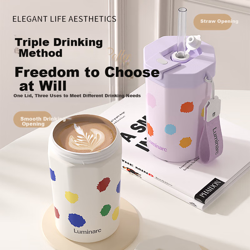 LUMINARC Insulated Mug, Dual-Use Coffee Cup, 316 Stainless Steel Straw, Large Capacity, for Men, Women, Students, Portable, Office Use - White