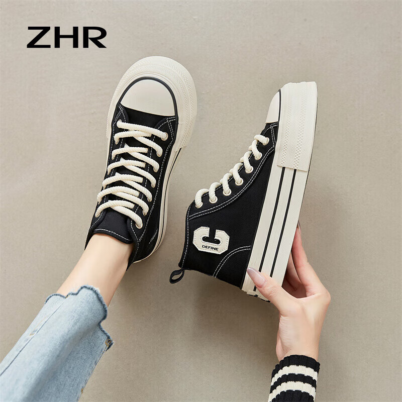 ZHR Women's Classic Thick-soled High-top Canvas Shoes Lightweight Breathable Round-toe Women's Shoes CS32 Black 37