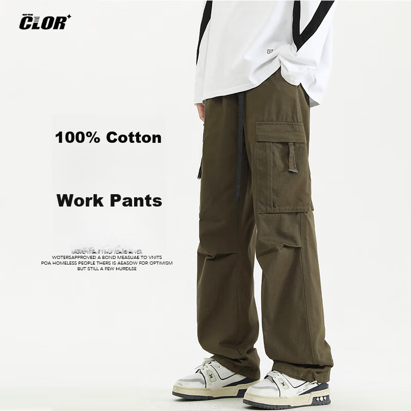 CLOR Pure Cotton Cargo Pants for Men, Spring And Summer Sports Loose Straight-Leg Trousers, Trendy Casual Pants, CL34 Army Green, 4XL