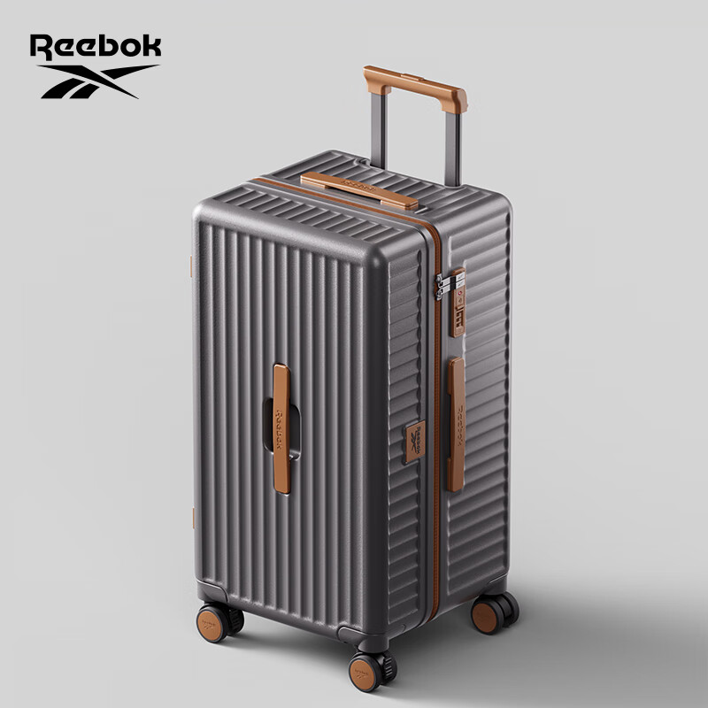 Reebok PC Rolling Luggage Suitcase Multi-functional Large Capacity Travel Password Box Leather Suitcase English Grey Brown 28 Inches
