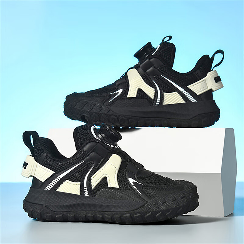 SNOOPYSNOOPY Kids' Sports Shoes Boys Girls Children's Outdoor Casual Shoes with Rotating Button Wear-Resistant Leisure Shoes Tide 0346 Black and White Size 37