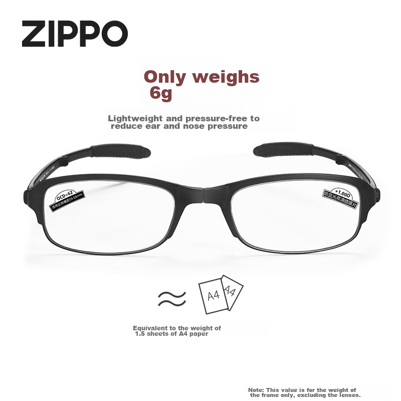 ZIPPO American Ultra-Light Foldable Portable Reading Glasses, Imported Materials, High-Definition Anti-Blue Light 8155, Unisex Waist Pack, 100 Degrees