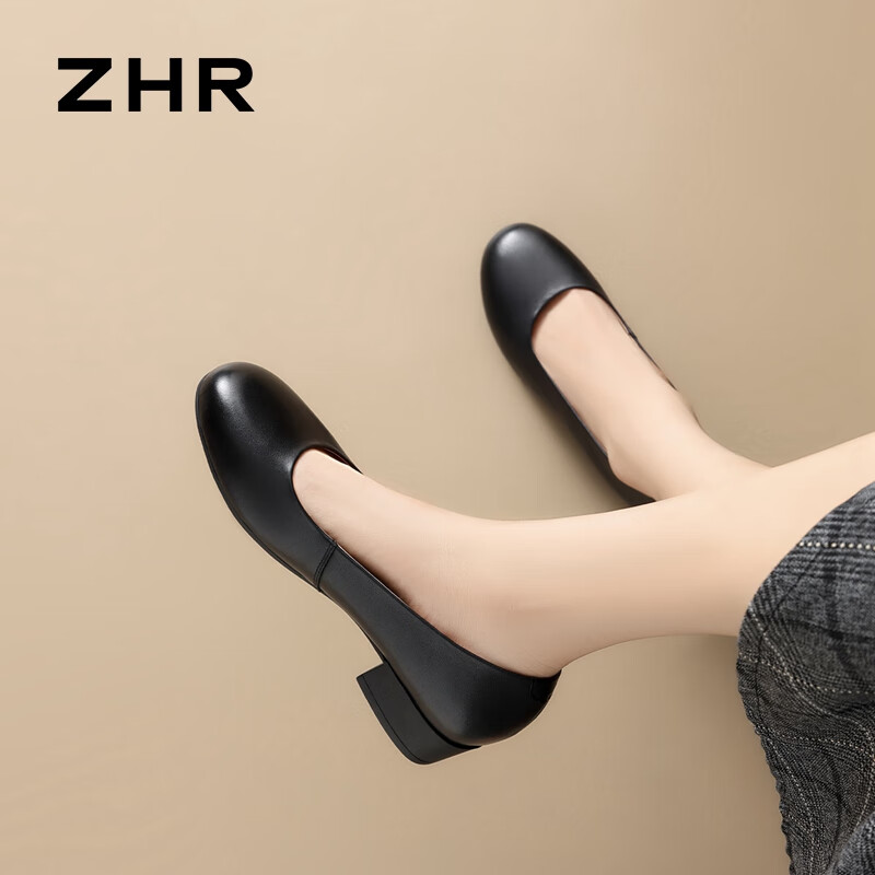 ZHR Top Layer Cowhide Women's Shoes Spring and Summer Commuting Leather Shoes Women's Chunky Heel Single Shoes Formal Workplace Shoes KM16 Black 35