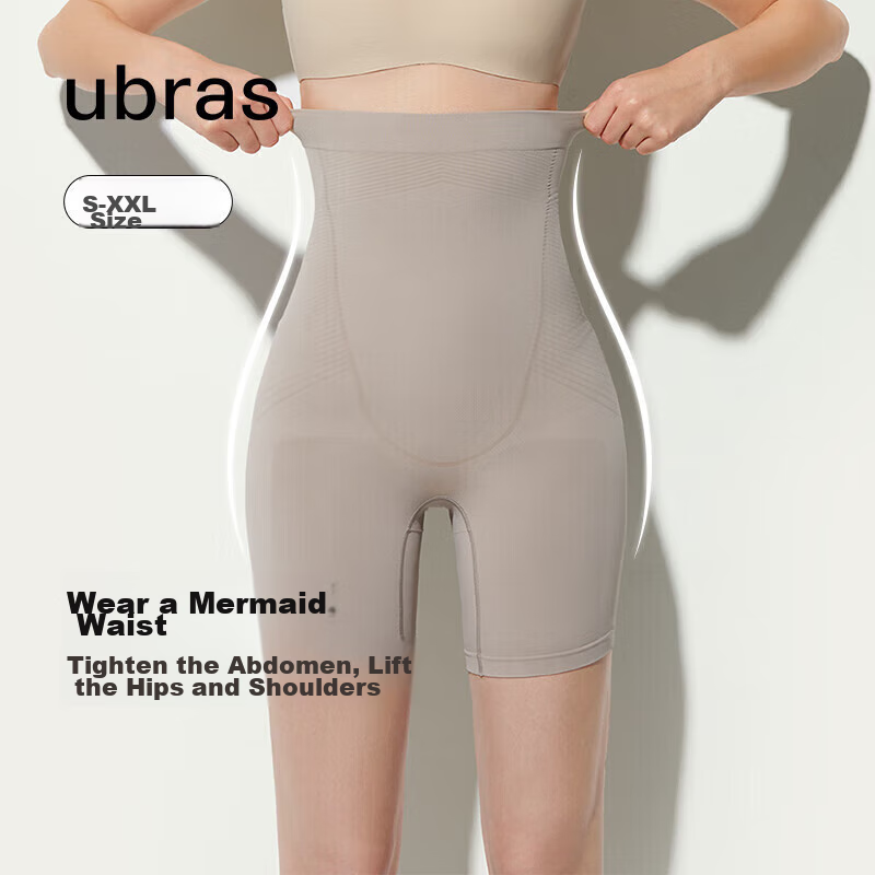 Ubras Mermaid Waist Slimming Tummy Control Butt-Lifting Shorts, Cotton Antibacterial Crotch, Ultra-High Waist, High-Elastic Shaping Leggings, Sweet Almond, S