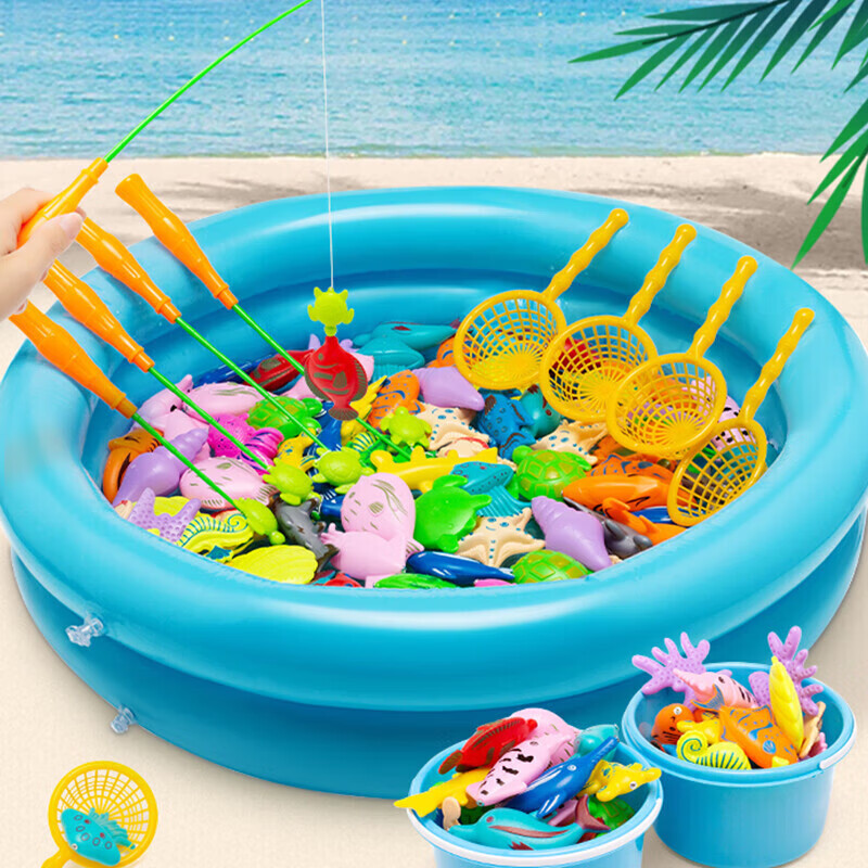 Dad Mom Fishing Toy, Fishing Pond, Children's Early Education Toy, Magnetic, Can Be Filled with Water, Fishing Platform, Inflatable Bed, Storage Basket, Children's Toy, Fish Scooping Toy, 100-Piece Se