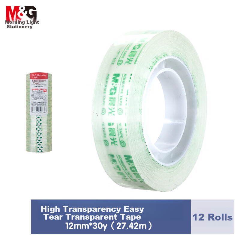 Chenguang (M&G) Stationery Transparent Tape, High Transparency Easy-Tear Small Tape, Back-To Essential Student Craft Tape 12mm30y (27.42 Meters/roll) 12 Rolls AJD97320