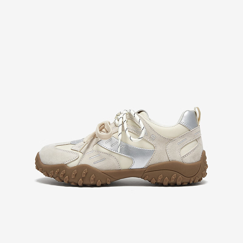 Bai Si Tu 25 Spring Mall Same Style Fashion Outdoor Thick-soled Women's Casual Shoes A2070AM5 Beige/Silver Size 38