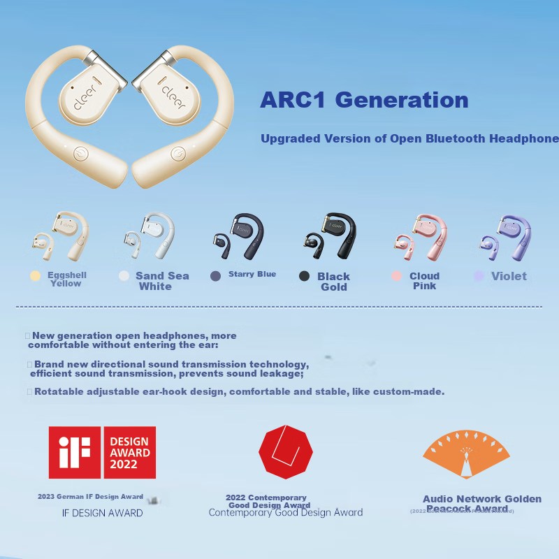 Cleer Lang Lang Recommended ARC1 Generation Smart Hanging Open Bluetooth Sports Earphones Gift for Running and Cycling, Subsidized by the National, Compatible with Huawei, Eggshell Yellow