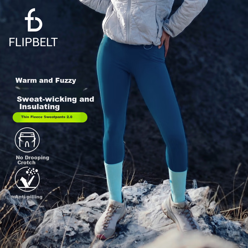 Flipbelt Women's Thin Fleece Cold-Resistant Waist Pack Long Pants, Sports Pants, Light Compression Yoga Pants, Berlin Blue 2.0, M
