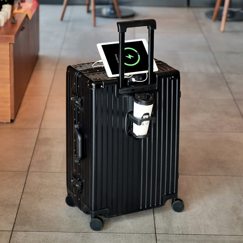 DULA Aluminum Frame Suitcase, High-End Trolley Case with Cup Holder, USB Charging, Travel Password Lock, Leather Suitcase, Glossy Black, 26 Inches