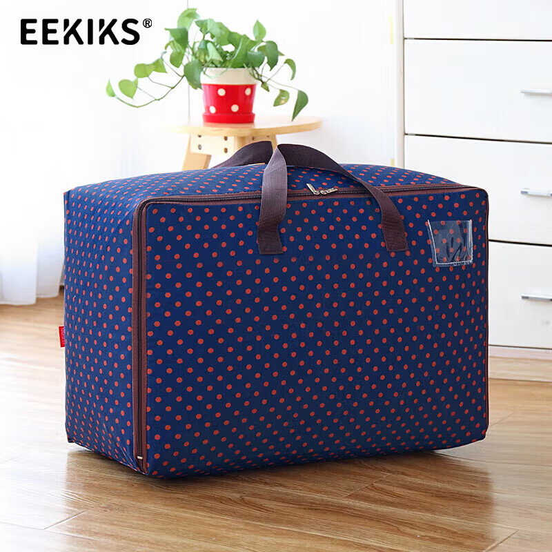 EEKIKS Oxford Cloth Thickened Cotton Quilt Bag Clothing Quilt Storage Bag Moving Packing Bag 100L Blue Bottom Orange Dot