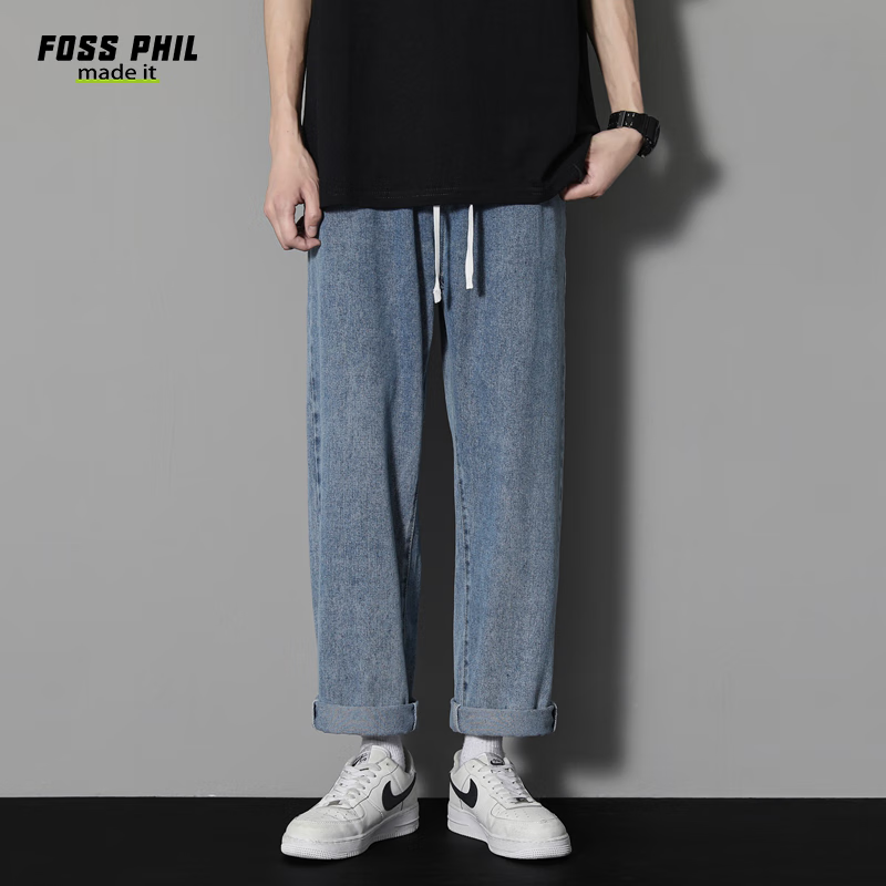 Foss Phil Men's Loose Straight Leg Jeans Spring Summer Casual American High Street Trendy Long Pants S336 Medium Blue 3XL
