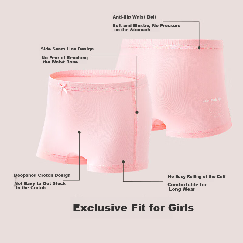 Minibala Girls' Cotton Underwear Baby Pure Cotton Class A Antibacterial Flat Bottom Safety Pants Non-Clip PP Four-Corner Pants [3-Pack]