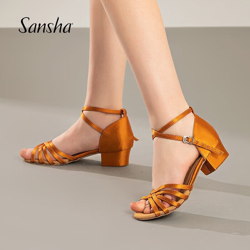 Sansha Children's Latin Dance Shoes, Ballroom Dance Rumba Cha-Cha Satin Low-Heel Dance Shoes BK13056S, Brown, Size 27