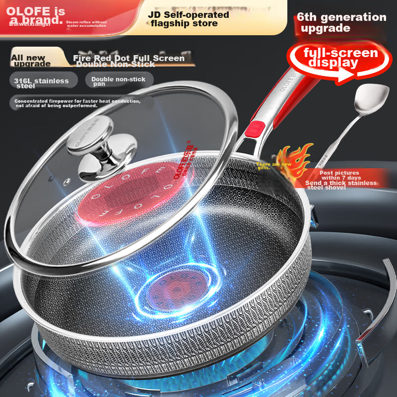 OLOFE Antibacterial Flat-Bottom Frying Pan, 316L Stainless Steel, Double-Sided Honeycomb Non-Stick, for Breakfast, Steak, Pancakes, Grilled Meat, And Eggs, 26cm