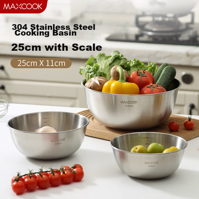 Meichun (Maxcook) 304 Stainless Steel Bowl, Salad Bowl, Thickened Seasoning Bowl, Vegetable Washing Bowl, Dough Mixing Bowl, with Scale, 25cm, MCWA6059