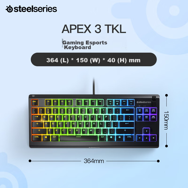 SteelSeries Apex 3 TKL Gaming Keyboard, Compact Wired Keyboard, 8-Zone RGB Backlight, IP32, Thin Film Switches, 84 Keys
