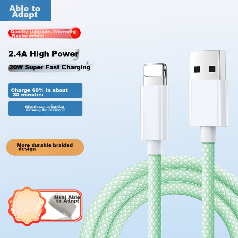Nengshi Apple Charging Cable, 20W Fast Charging Data Cable, Suitable for IPhone 13 Pro Max/12/11/xs Phones And Tablets, USB Car Charger Cable, 1.5 Meters, Green