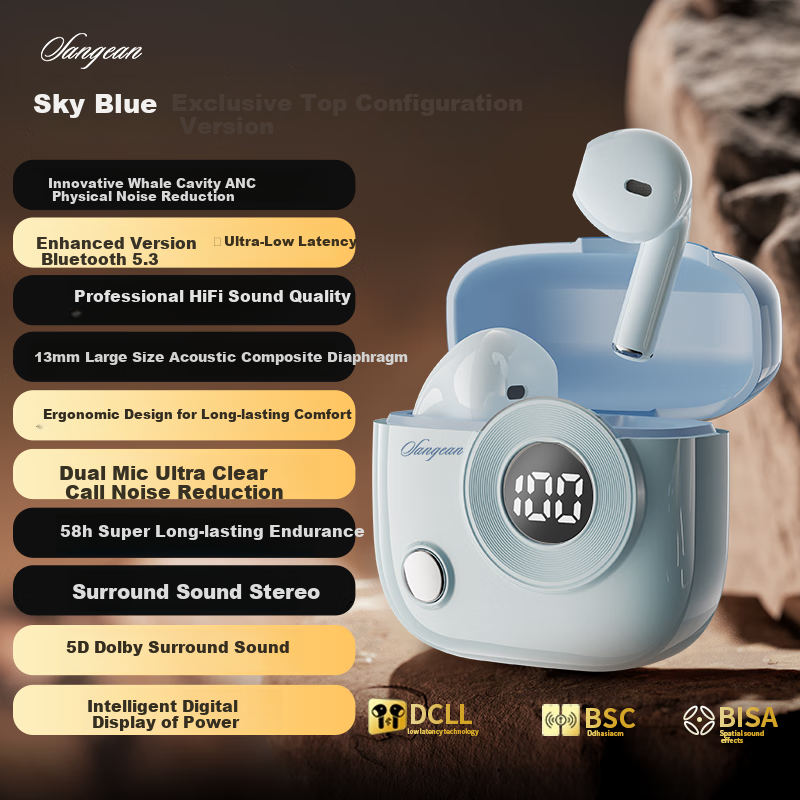 SANGEAN A01 True Wireless Bluetooth Earbuds Semi-In-Ear Music Headphones Bluetooth 5.3 Gaming Low Latency Compatible with Apple Android Xiaomi Huawei Sports Running Ultra-long Battery Life Blue