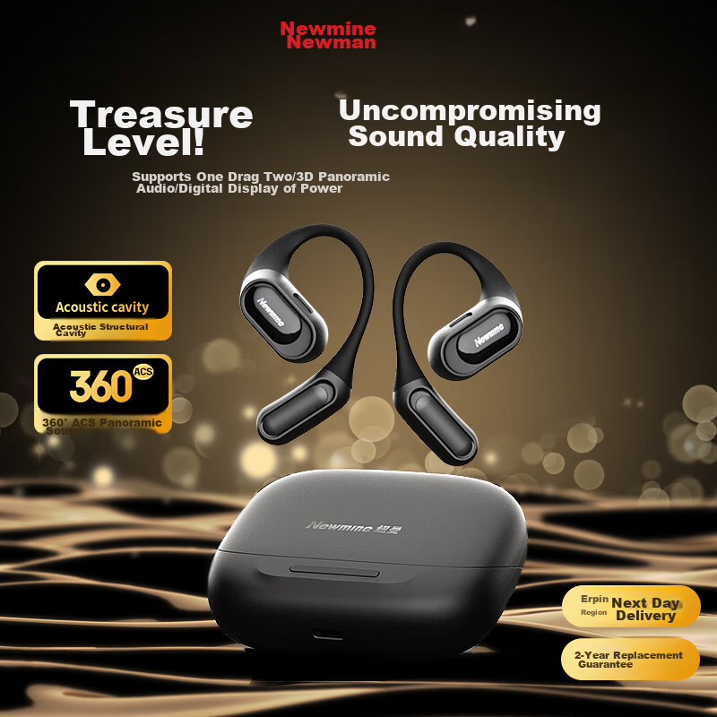 Newman Q10 Bone Conduction Bluetooth Headphones, Wireless, Over-Ear, Open-Style, Ear-Hook, Sports, Running, Noise-Cancelling, Long Battery Life, Suitable for Xiaomi, Apple, Huawei, Black