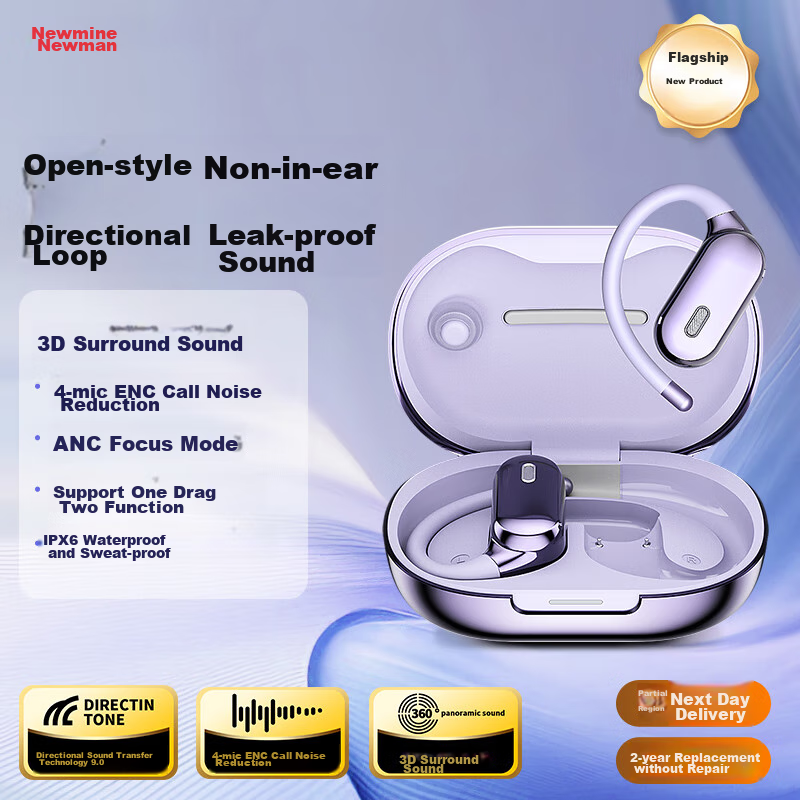 Newman R7 Bone Conduction Concept Ear-Hook Bluetooth Headphones, Open-Style Wireless Sports Running Call Noise Reduction Long Battery Life Ear-Clip Style Headphones, Non-In Universal for Apple Huawei,