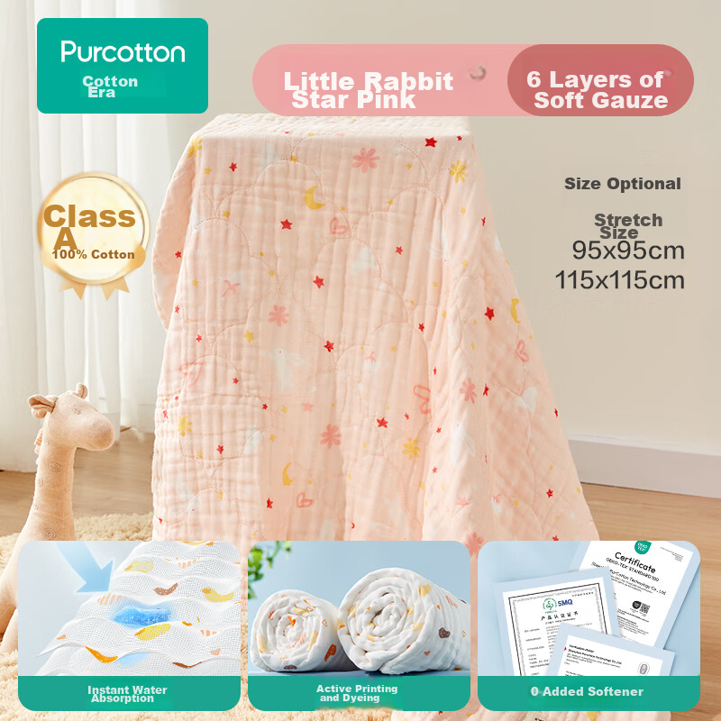 PurCotton Baby Bath Towel, Newborn 6-Layer Washable Gauze Bath Towel, Pure Cotton Little Rabbit Star Pattern, 115*115cm, for Boys And Girls