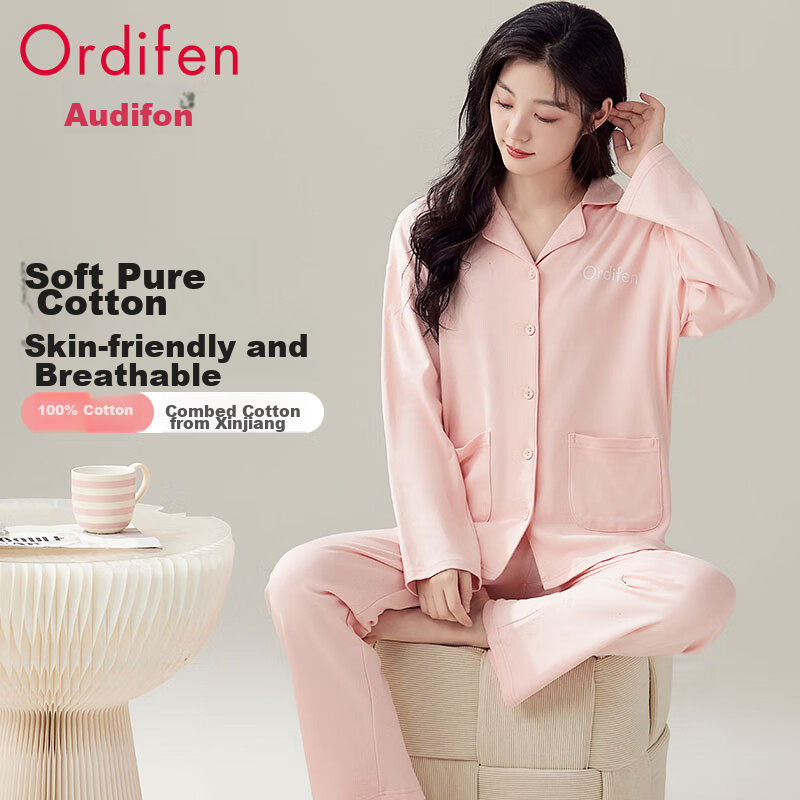 Ordifen [5A Antibacterial 100% Cotton] Women's Pajamas, Pure Cotton Cardigan, Long Sleeves, Wearable Outside, Home Loungewear Set, Pink, XL