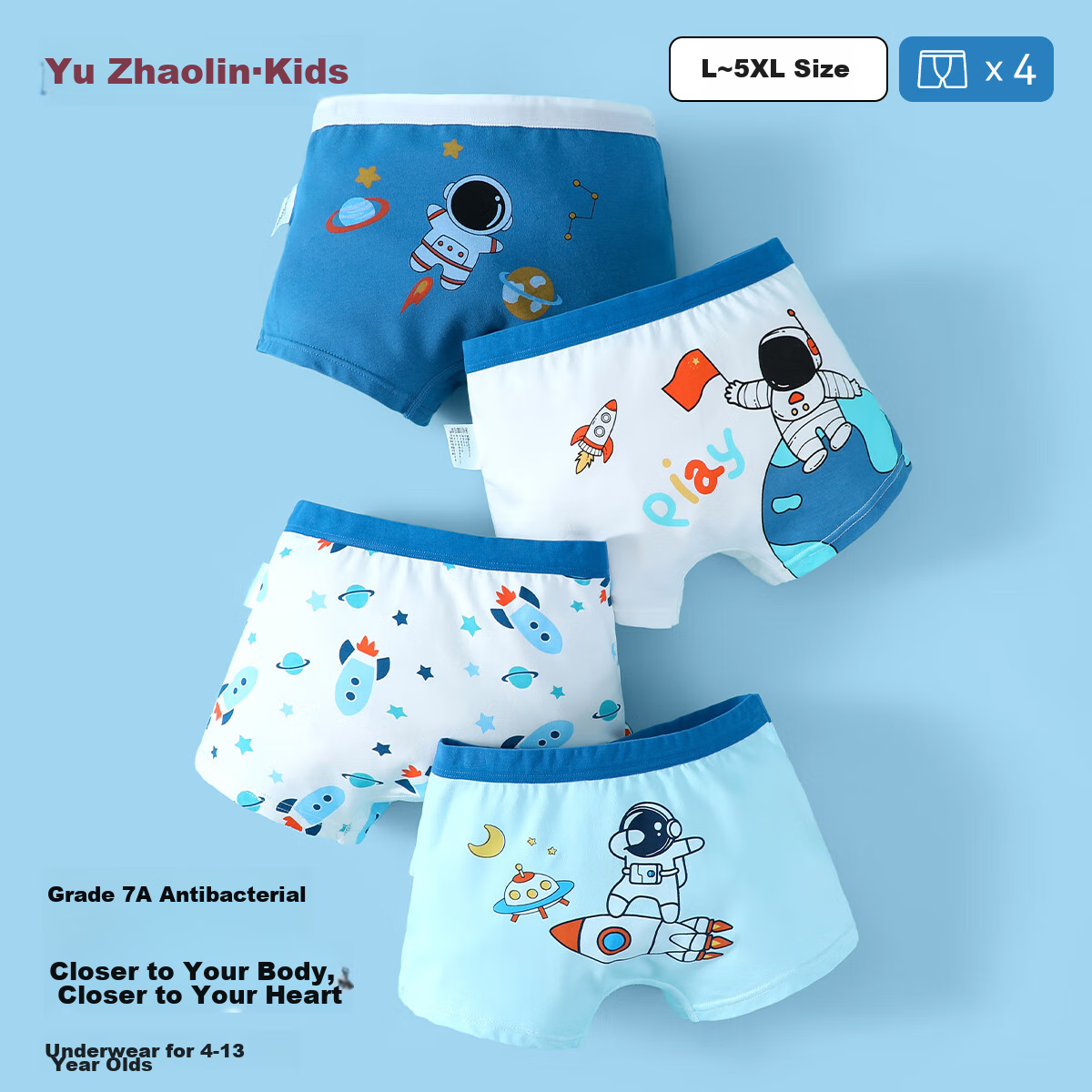 YUZHAOLIN Boys' Underwear, Youth And Children's Boxer Briefs, 7A Antibacterial, for Older Children, Breathable And Comfortable Shorts, 4-Pack