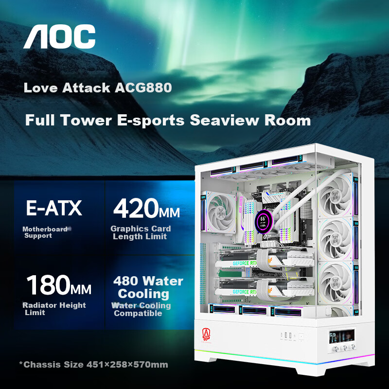 AOC ACG880W White EATX Gaming Computer Desktop Chassis 270° Ocean View Quick Disassembly/9 Slots Dual Graphics Card/Supports 480 Water Cooling/Digital Function Screen Display