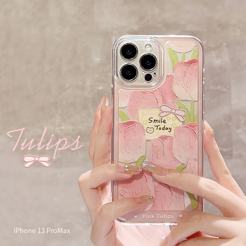 Yingkaida IPhone 13 Pro Max Case, Full Protection Shockproof Cover for Men And Women, Creative Transparent Painted Oil Painting Card Tulip Design