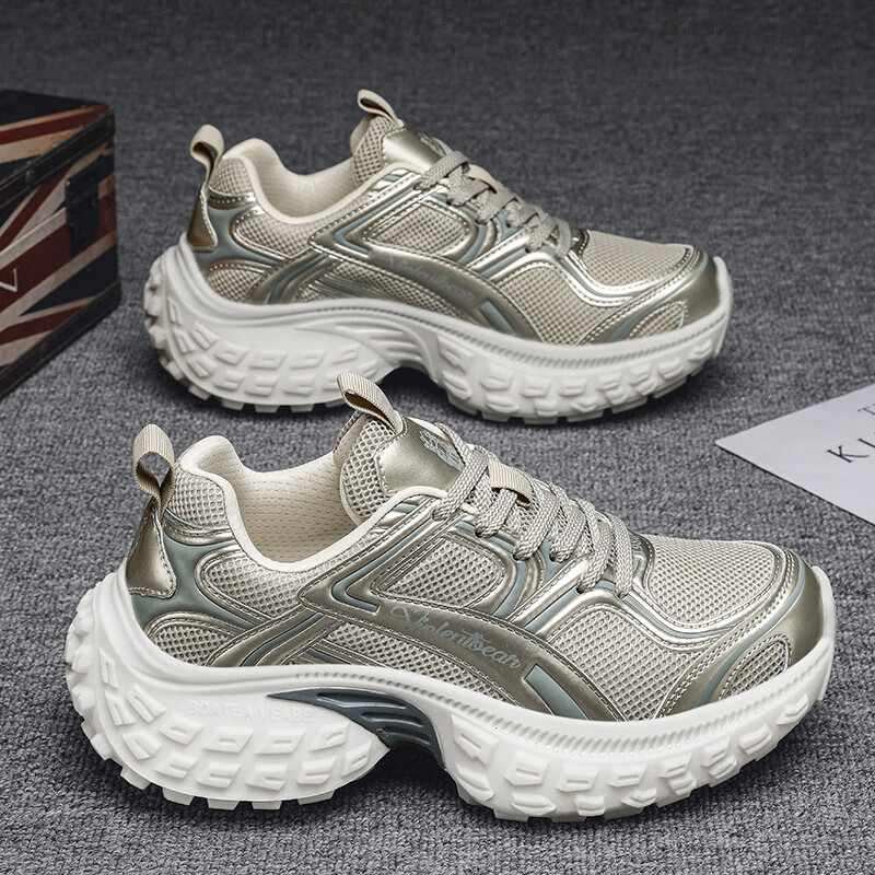 VIOLENTBEAR Unisex Spring/Summer Retro Lightweight Breathable Height Increasing Couple Sports Dad Shoes Rose Gold 42