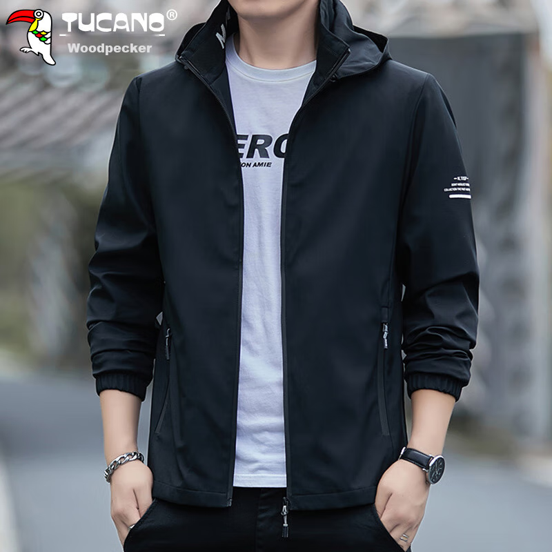 TUCANO Jacket for Men, Spring And Autumn Hooded Coat, Business Casual Loose Outdoor Windbreaker, Men's Clothing, Black, 3XL