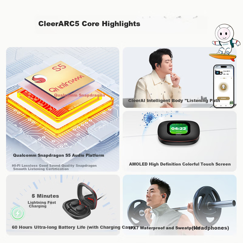 cleerARC 5th Generation Sound Arc Open-Ear AI Smart Dolby Audio Master Quality Bluetooth Sports Earphones Gift Compatible with Huawei, Apple, Xiaomi, Baitiao, And White-Label Financing - Obsidian Blac