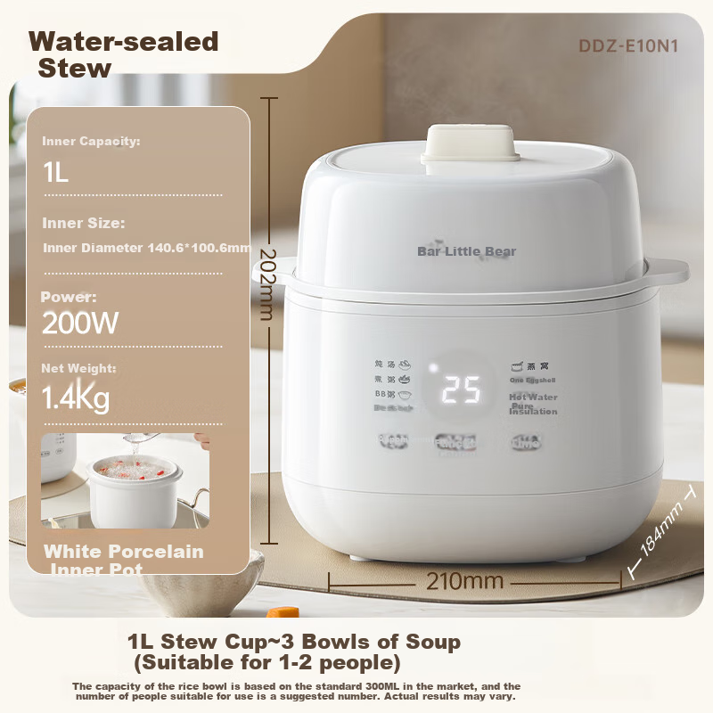 Bear Electric Stew Pot, Soup Cooker, Baby Food Cooker, Porridge Cooker, Bird's Nest Stew Pot, Double Boiler Stew Pot, 1-2 Person Soup Pot, 1L Stew Pot, DDZ-E10N1