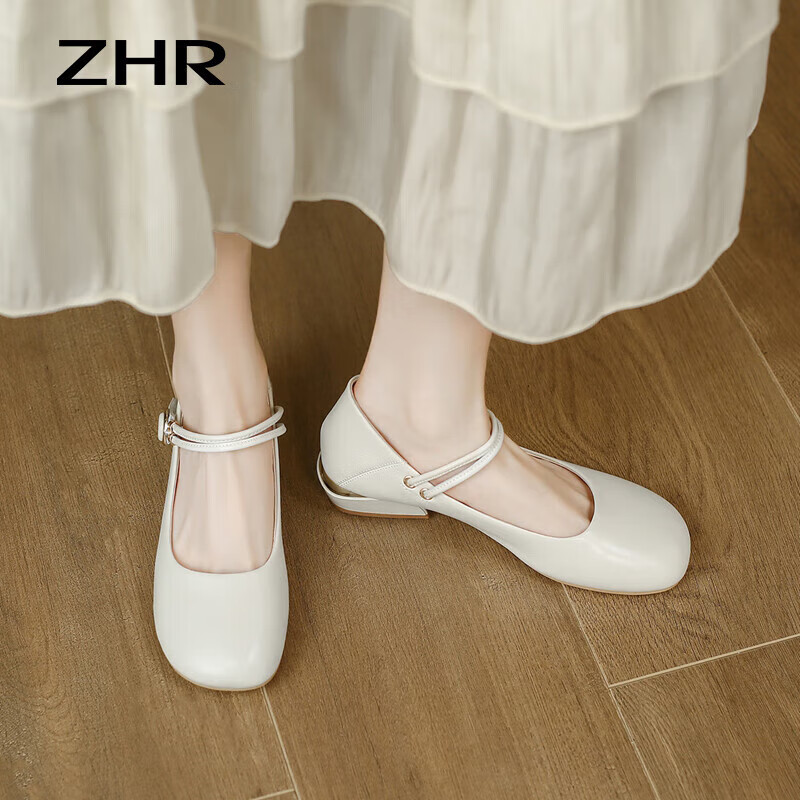 ZHR Mary Jane Shoes Women's Velcro Strap Shallow Mouth Single Shoes Solid Color Chunky Heel Women's Shoes K256 Beige 36
