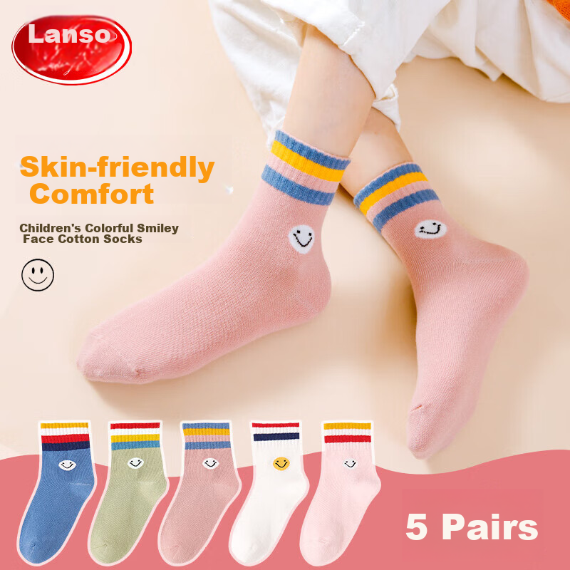 Langsha Children's Socks, Girls' Mid-Calf Cotton Socks for All Seasons, High-Elastic Comfortable Breathable Student Socks for Older Children, 5 Pairs, Size L