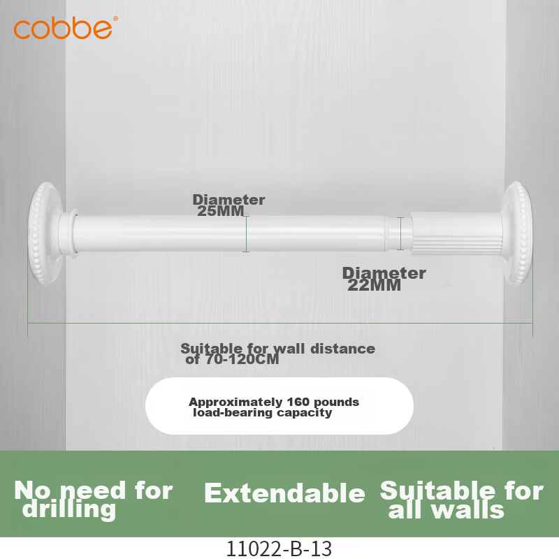 Cobbe Retractable Clothes Drying Rod, No Drilling Required, Universal Telescopic Rod, Shower Curtain Rod, Clothes Hanger, Stainless Steel Wardrobe Rod, Support Rod, 70-115