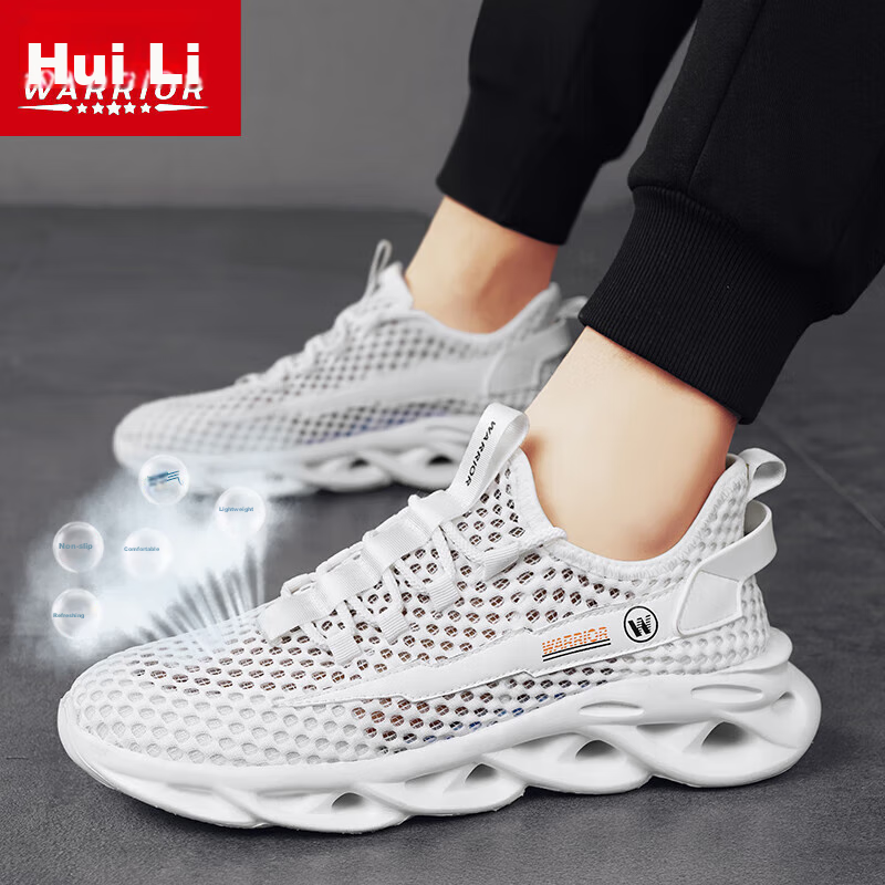 Warrior Mesh Shoes for Men, Breathable Running Sneakers, Comfortable Hollow-Out Casual Shoes, 3348 White, Size 40