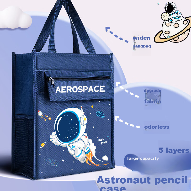 Kuxiaoshuai Tutoring Bag, Student Handbag, Art Bag, Elementary School Student Children's Canvas Tutoring Handbag, Art Bag, After-School Handbag, Homework Bag, Book Bag, Document Bag, Astronaut