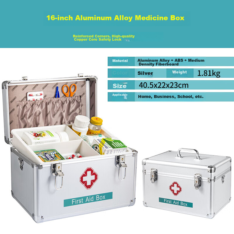 Jinlongxing Aluminum Alloy Home Medicine Box, Small First Aid Kit, Lockable Storage Container, Medical Case for Businesses, 16 Inches