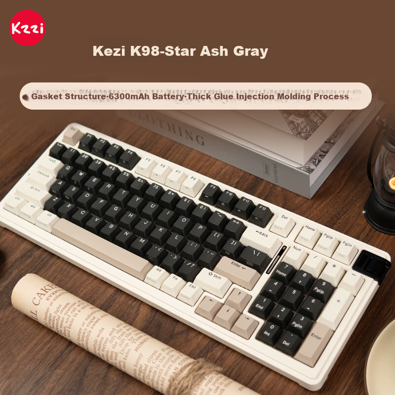 KZZI K98 Tri-Mode Mechanical Keyboard, Wireless 2.4G Bluetooth Wired, 98 Keys, RGB, for Home Office, E-Sports Gaming, Customizable Keyboard, Star Rock Gray, Rainbow Switch