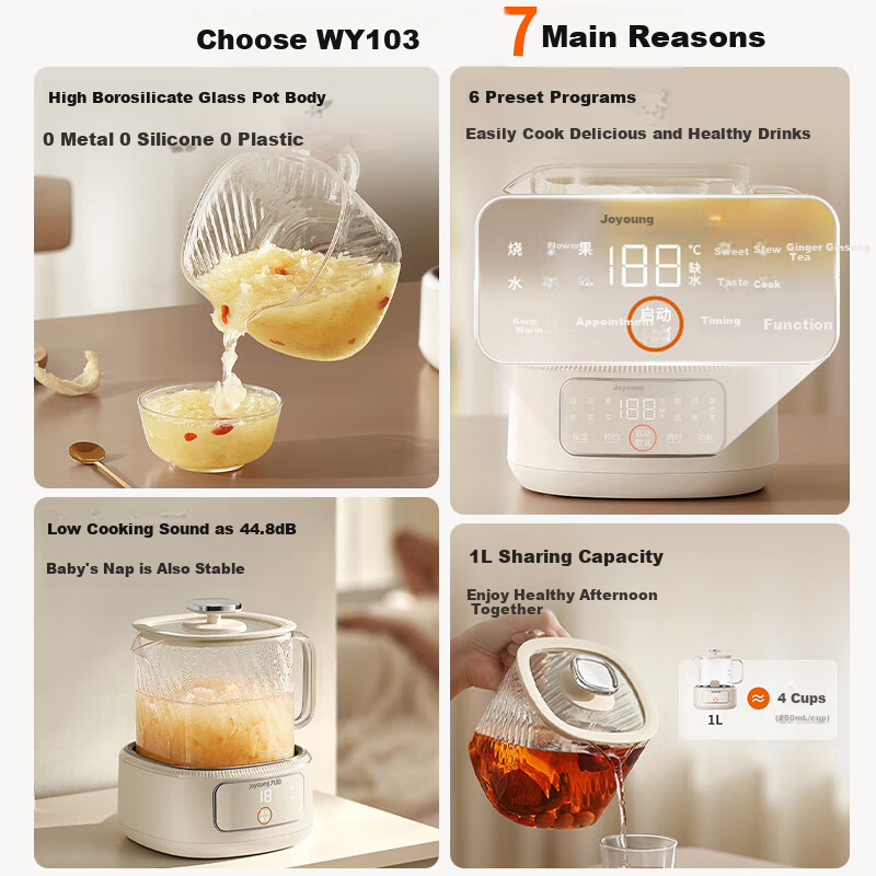 Joyoung 1L Small Capacity Health Pot Hot and Cold Multi-Functional Electric Kettle Boiling Water Pot Non-metallic Non-glue Constant Temperature Boiling Water Pot K10D-WY103
