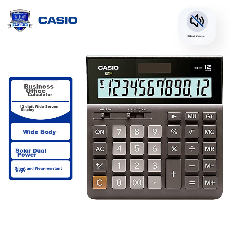Casio Ultra-Wide Calculator DH-12 Black Silent, 12-Digit Dual Power, Professional Calculation Series