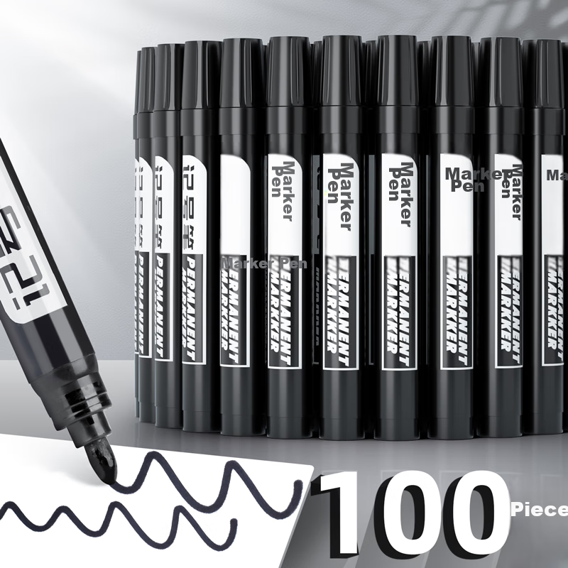 Jinzhi 100-Pack Oil-Based Marker Pens, Black, Large Tip, High Capacity, Quick-Drying, Waterproof, Non-Fading, Thick Tip, Signing Pen, Express Delivery Logistics Special, Highlighting, Advertising Post
