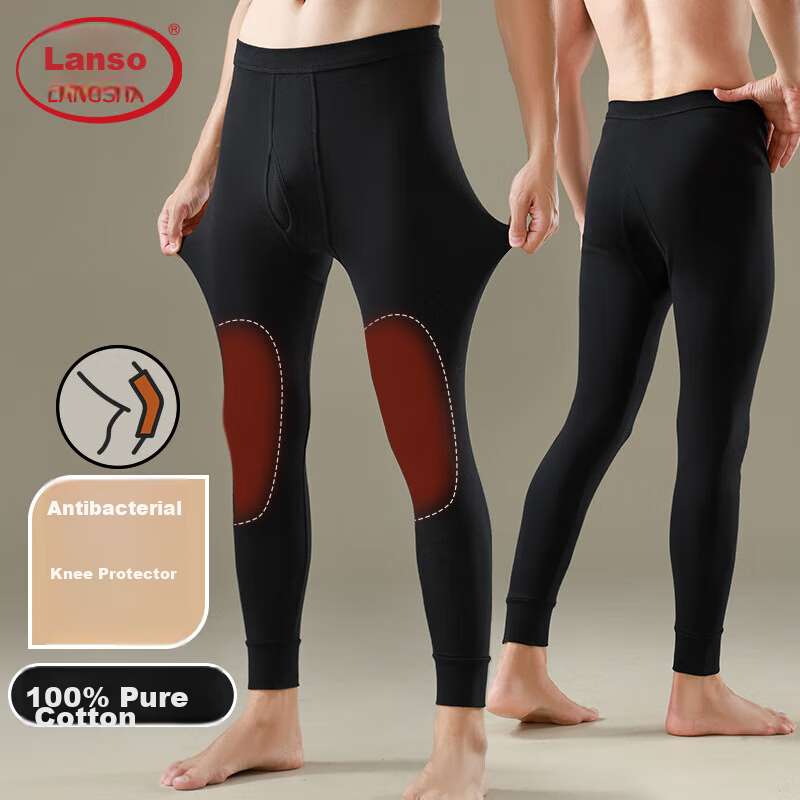 Langsha Men's Autumn Long Johns, Single Piece, Pure Cotton, Thin, Wool, Antibacterial, Knee Protection, Men's Cotton Wool Pants, Warm Thermal Underwear, Black, XXL