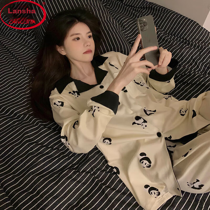 Langsha Women's Loungewear, Cotton-Like Breathable Long-Sleeve Pants, Sweet Internet Celebrity Style, Wearable Outside, Pajamas for Women, Size L