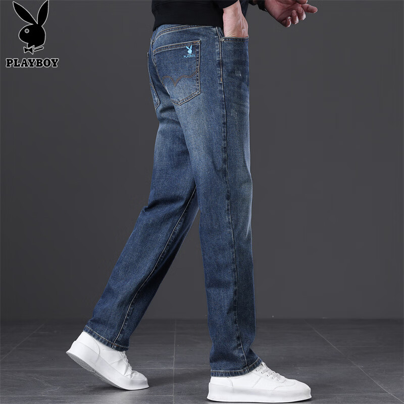 Playboy Denim Jeans for Men, Spring And Summer Straight-Leg Casual Pants, Loose-Fitting Trousers, Blue, Size 32
