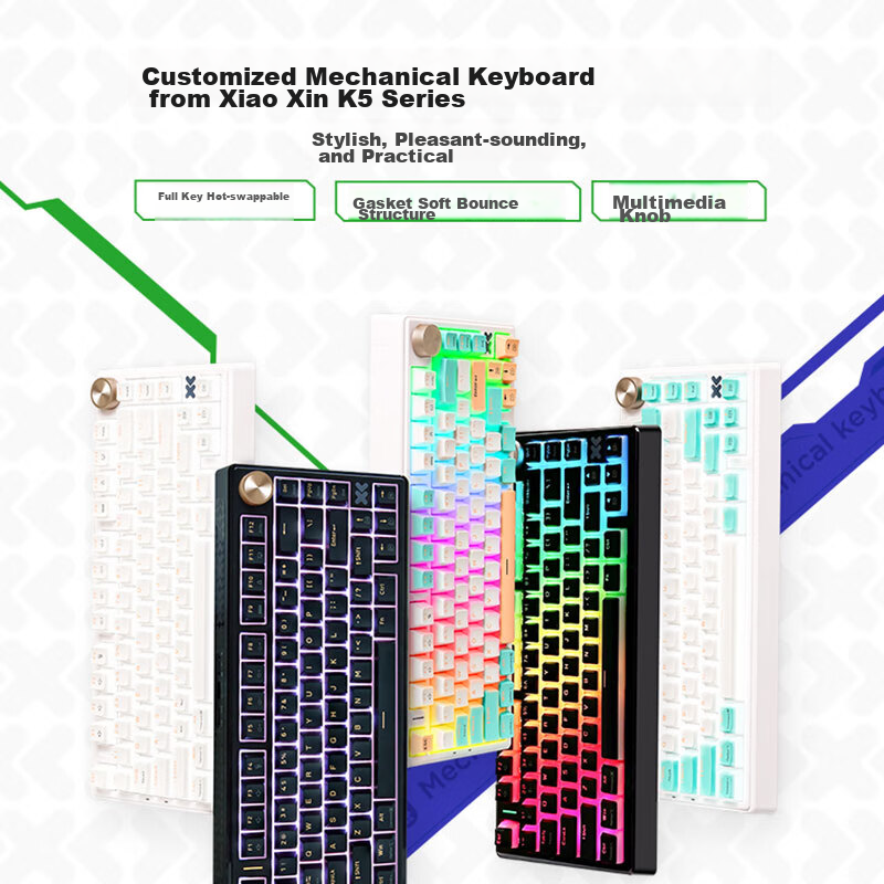 Lenovo Xiaoxin K5 Custom Mechanical Keyboard, White And Brownie, Single Mode, Ringo Blue Switch, Full Hot-Swappable, Gasket Mount, Soft Tumbler Structure, Multimedia Knob for Home Use