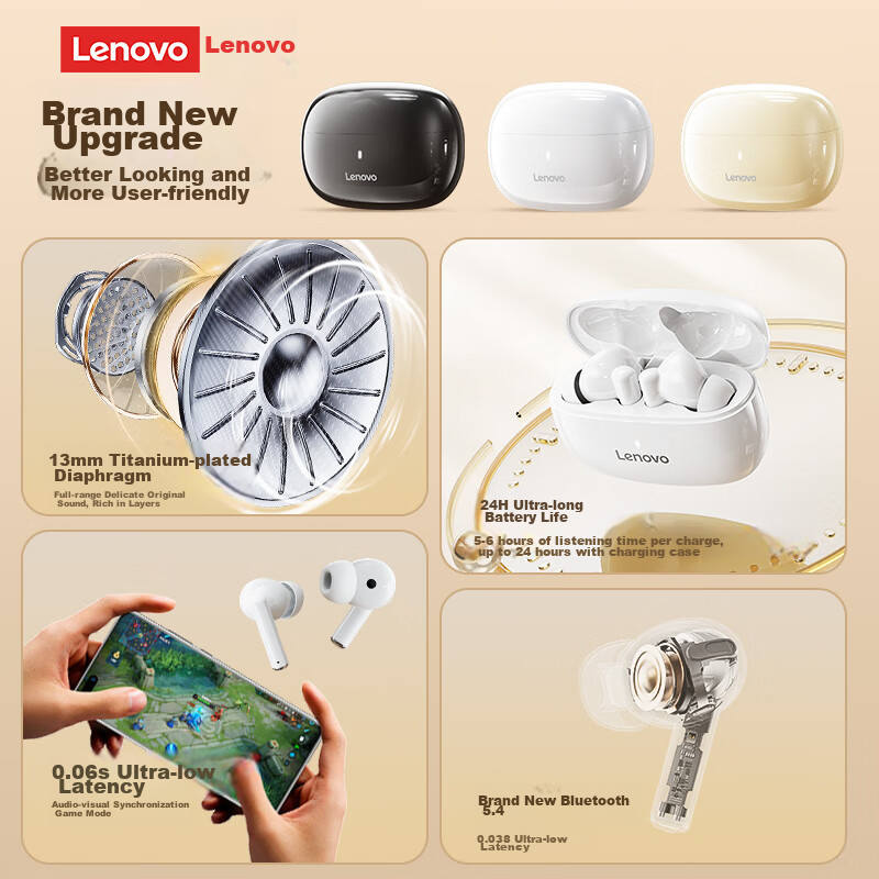 Lenovo True Wireless Bluetooth Earbuds, Semi In-Ear Bluetooth 5.4 Wireless Noise-Cancelling Sports Earphones, Compatible with Apple, Huawei, Xiaomi Phones, TA210