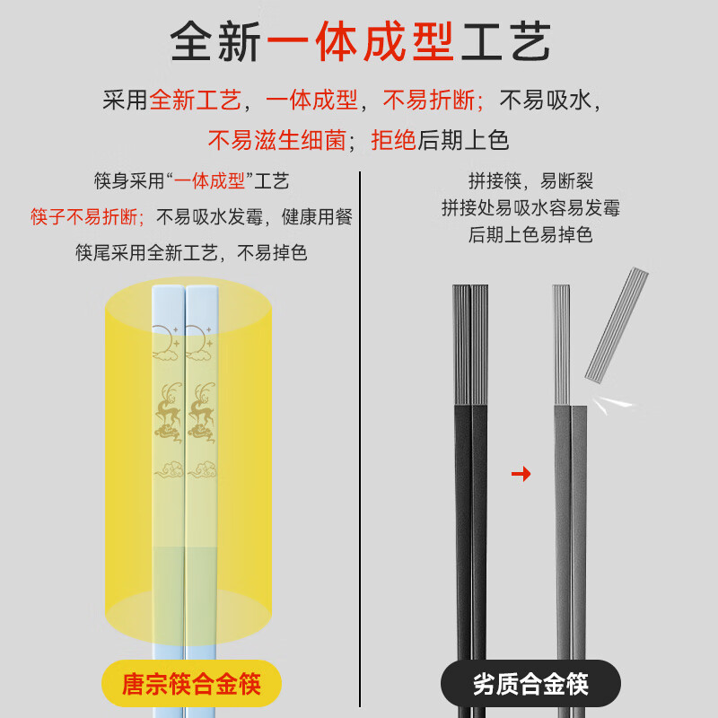 Tang Zongkuai One-Piece Forming Craft Alloy Chopsticks 10 Pairs Set - Engraved with Auspicious Clouds and Deer, Household, Not Easily Broken C2637